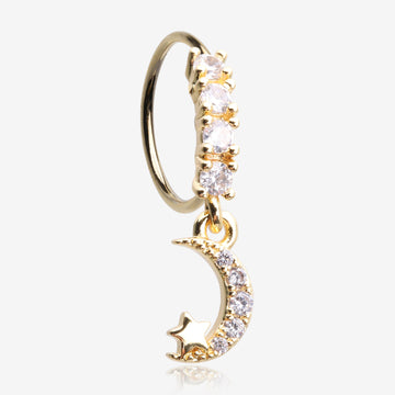 Golden Crescent Moon and Star Sparkle Dangle Multi-Gem Lined Bendable Hoop Ring-Clear Gem